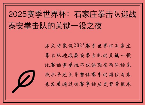 2025赛季世界杯：石家庄拳击队迎战泰安拳击队的关键一役之夜