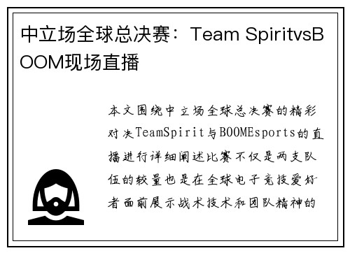 中立场全球总决赛：Team SpiritvsBOOM现场直播